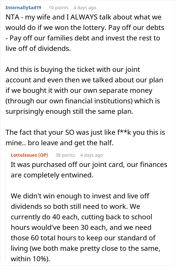 Reddit comments about sharing lottery winnings and relationship finances. Reddit comments about sharing lottery winnings and relationship finances.