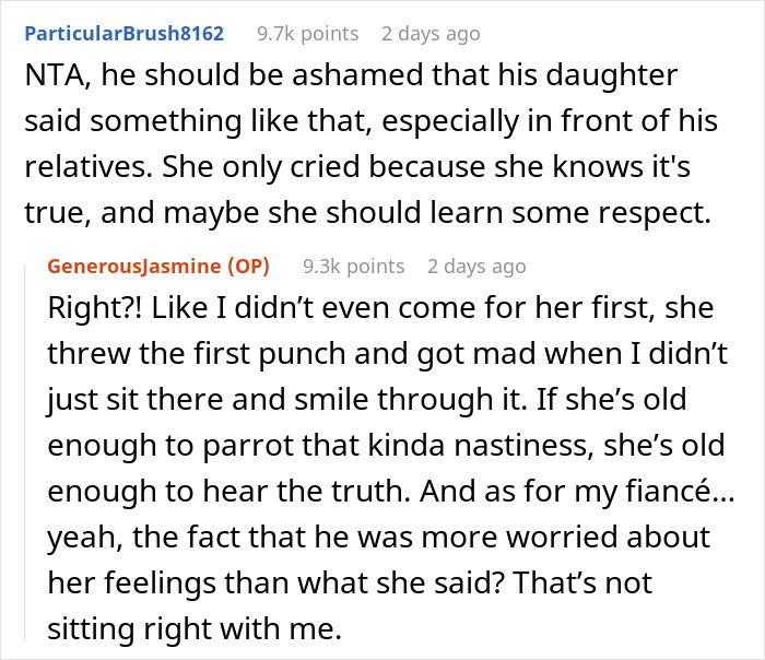 Text discussion about fiance, daughter, and gold digger accusations on a public forum. Text discussion about fiance, daughter, and gold digger accusations on a public forum.