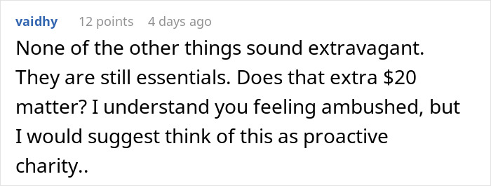 Comment suggesting proactive charity sparked by a good deed, discussing essentials and unexpected costs. Comment suggesting proactive charity sparked by a good deed, discussing essentials and unexpected costs.