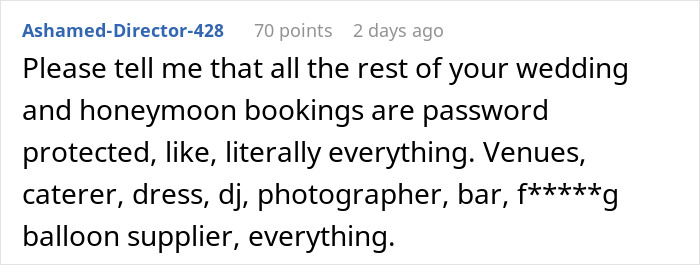 Reddit comment advising on securing wedding and honeymoon bookings. Reddit comment advising on securing wedding and honeymoon bookings.