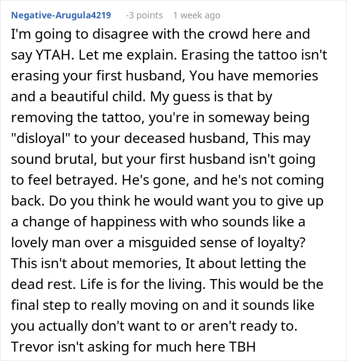 Text discussing a man's concern about his future wife's tattoo from her late husband. Text discussing a man's concern about his future wife's tattoo from her late husband.