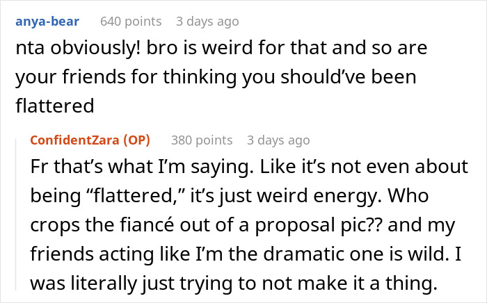 Discussion about a woman untagging herself due to her fiancé being cropped from an engagement photo on Instagram. Discussion about a woman untagging herself due to her fiancé being cropped from an engagement photo on Instagram.