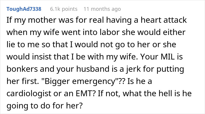 Reddit comment discussing husband's choice between mom and wife during labor test. Reddit comment discussing husband's choice between mom and wife during labor test.