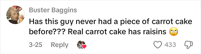Comment on carrot cake debate at Costco, questioning the inclusion of raisins. Comment on carrot cake debate at Costco, questioning the inclusion of raisins.