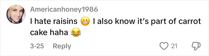 Comment about raisins in carrot cake, highlighting Costco shoppers' debate on ingredients. Comment about raisins in carrot cake, highlighting Costco shoppers' debate on ingredients.