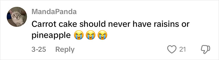 Comment on carrot cake ingredients at Costco, expressing dislike for raisins or pineapple with crying emojis. Comment on carrot cake ingredients at Costco, expressing dislike for raisins or pineapple with crying emojis.