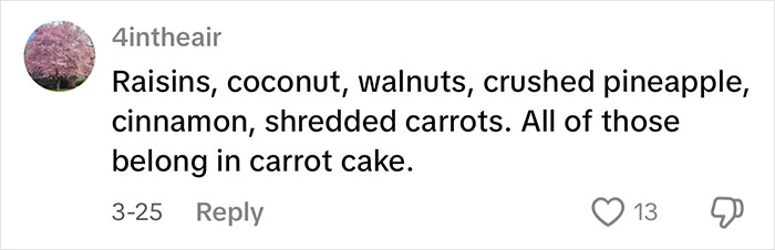 Comment listing ingredients for carrot cake debate among Costco shoppers. Comment listing ingredients for carrot cake debate among Costco shoppers.