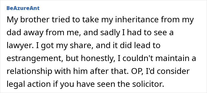 Text suggesting legal action for inheritance withheld from ill sister. Text suggesting legal action for inheritance withheld from ill sister.