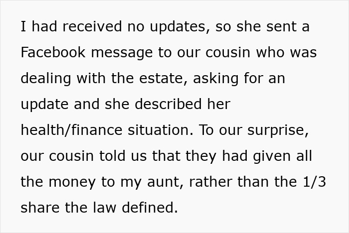 Text exchange about a cousin managing deceased uncle's inheritance, revealing funds given to aunt, not ill sister. Text exchange about a cousin managing deceased uncle's inheritance, revealing funds given to aunt, not ill sister.