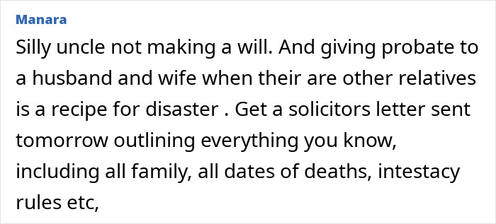 Text advice on inheritance issues after uncle's death, suggesting solicitor's letter for probate and intestacy concerns. Text advice on inheritance issues after uncle's death, suggesting solicitor's letter for probate and intestacy concerns.
