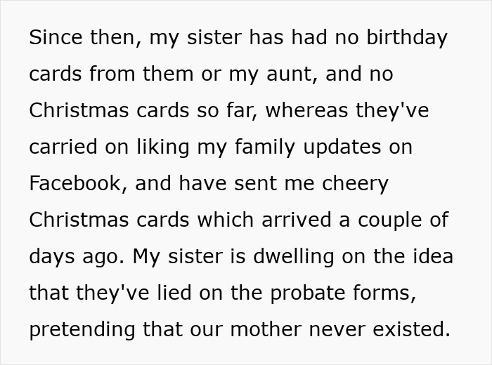 Text discussing a family dispute over inheritance and lack of communication, focusing on an ill sister's situation. Text discussing a family dispute over inheritance and lack of communication, focusing on an ill sister's situation.