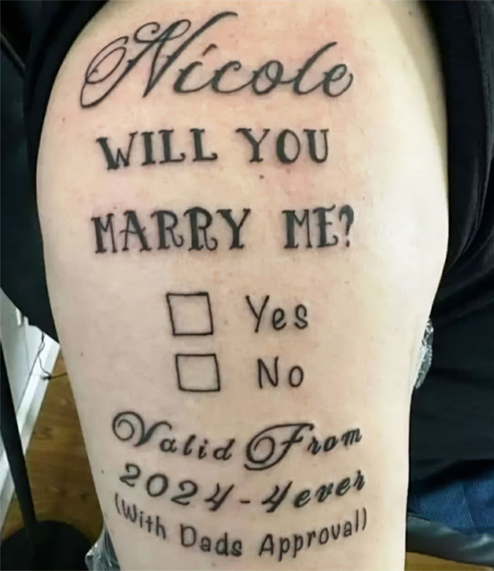 Funny proposal tattoo with checkboxes for "yes" or "no," including humorous terms and conditions.