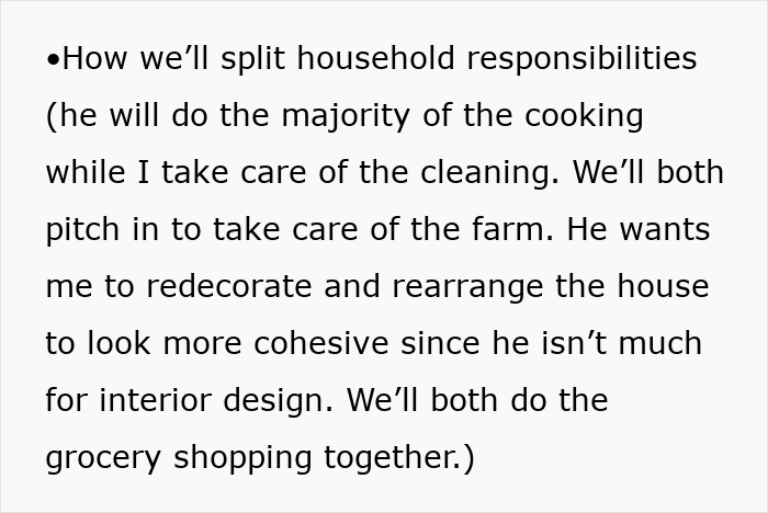 Text image listing household responsibilities, highlighting cooking, cleaning, farm work, and interior design roles. Text image listing household responsibilities, highlighting cooking, cleaning, farm work, and interior design roles.