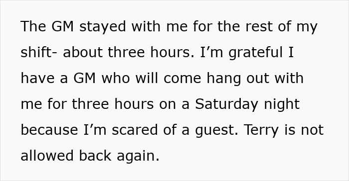 Text describing a woman's relief as her GM supports her after a client's inappropriate behavior. Text describing a woman's relief as her GM supports her after a client's inappropriate behavior.