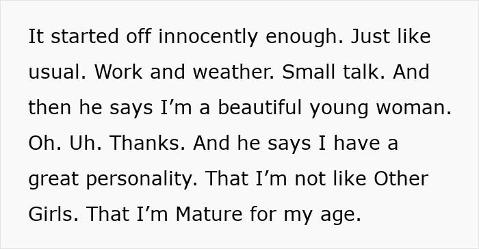 Text describing a woman's encounter with a client who compliments her looks and personality. Text describing a woman's encounter with a client who compliments her looks and personality.