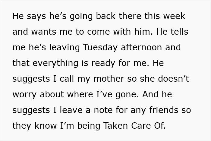 Text message about client planning a trip and suggesting communication with family and friends for safety. Text message about client planning a trip and suggesting communication with family and friends for safety.