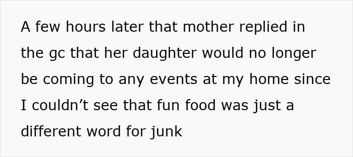 Text exchange about a mom serving pizza and snacks at a softball team sleepover, called junk food by another parent. Text exchange about a mom serving pizza and snacks at a softball team sleepover, called junk food by another parent.