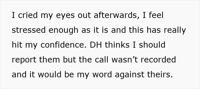 Text expressing a woman's distress after coworkers' comments during a video call, impacting her confidence. Text expressing a woman's distress after coworkers' comments during a video call, impacting her confidence.