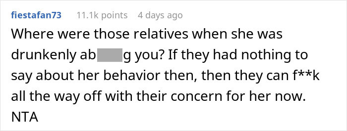 Comment addressing abusive mom, questioning relatives' concern, with strong language against past neglect and support for daughter. Comment addressing abusive mom, questioning relatives' concern, with strong language against past neglect and support for daughter.