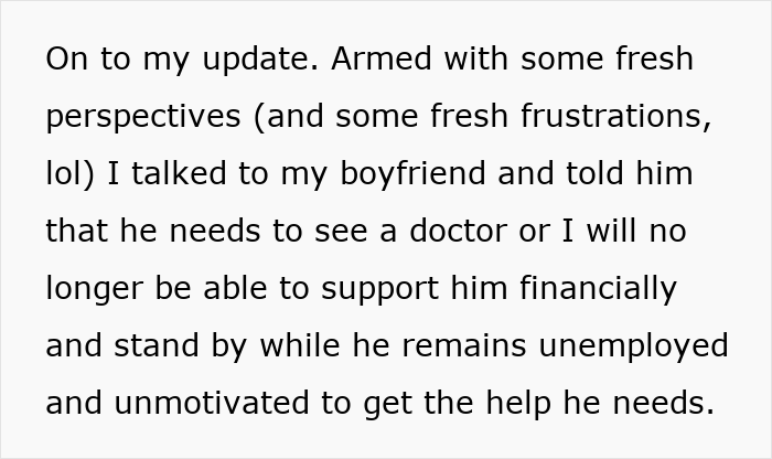 Text about relationship challenges, mentioning a boyfriend needing medical help and employment motivation. Text about relationship challenges, mentioning a boyfriend needing medical help and employment motivation.