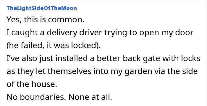 Text conversation about delivery driver entering house, discussing security measures and boundaries. Text conversation about delivery driver entering house, discussing security measures and boundaries.
