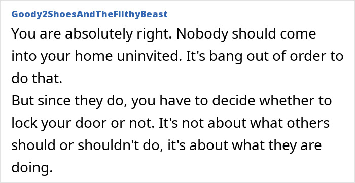 Text screenshot discussing home privacy and uninvited delivery company actions. Text screenshot discussing home privacy and uninvited delivery company actions.