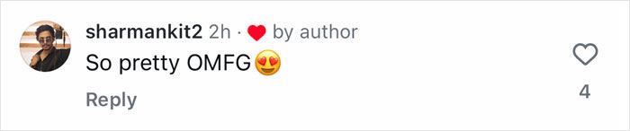 Fan comment praising beauty with heart emoji on social media post. Fan comment praising beauty with heart emoji on social media post.