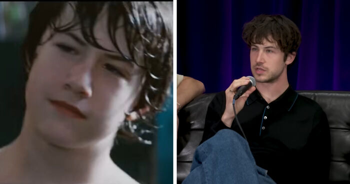 A screen star as a kid and an adult, speaking into a microphone onstage, wearing a black shirt and blue pants.