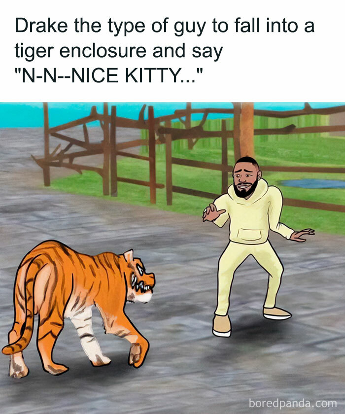 Drake the type of guy meme, cartoon Drake scared of a tiger, saying 'N-N--NICE KITTY' in a zoo setting.