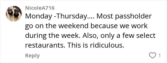 Comment by NicoleA716 expressing frustration about Disney passholder restrictions. Comment by NicoleA716 expressing frustration about Disney passholder restrictions.