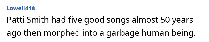 Punk rock legend Patti Smith criticized, text suggesting negative transformation over years. Punk rock legend Patti Smith criticized, text suggesting negative transformation over years.