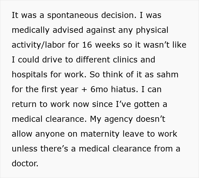 Text about medical leave and clearance after giving birth, referencing agency work restrictions. Text about medical leave and clearance after giving birth, referencing agency work restrictions.