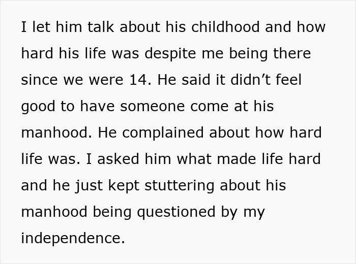 Text discussing a partner's insecurities and struggle with independence related to his fiancée. Text discussing a partner's insecurities and struggle with independence related to his fiancée.