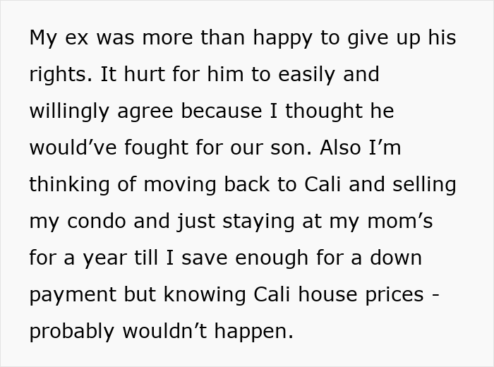 Text about an ex-partner willingly giving up rights and thoughts on moving to California, selling a condo. Text about an ex-partner willingly giving up rights and thoughts on moving to California, selling a condo.