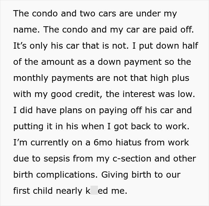 Text on financial details and personal challenges after childbirth, related to partner plot and exposure to family. Text on financial details and personal challenges after childbirth, related to partner plot and exposure to family.