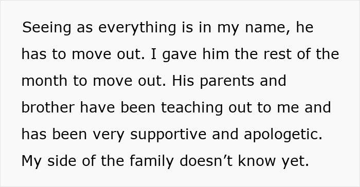 Text discussing a partner's eviction after a betrayal, with family support revealed and unresolved family disclosure issues. Text discussing a partner's eviction after a betrayal, with family support revealed and unresolved family disclosure issues.