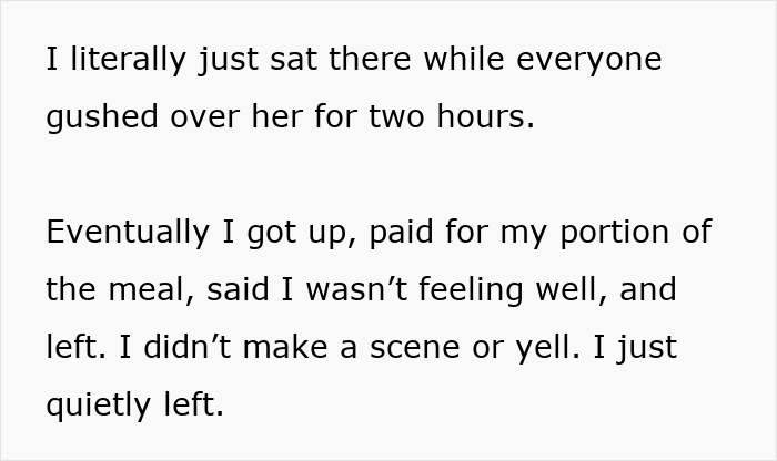 Text describing leaving a birthday dinner after it became focused on someone else, feeling unnoticed and quietly departing. Text describing leaving a birthday dinner after it became focused on someone else, feeling unnoticed and quietly departing.