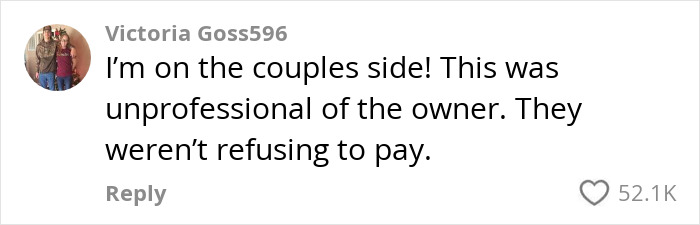 Customer shaming comment criticizing restaurant owner's unprofessional behavior, siding with couple in viral discussion. Customer shaming comment criticizing restaurant owner's unprofessional behavior, siding with couple in viral discussion.