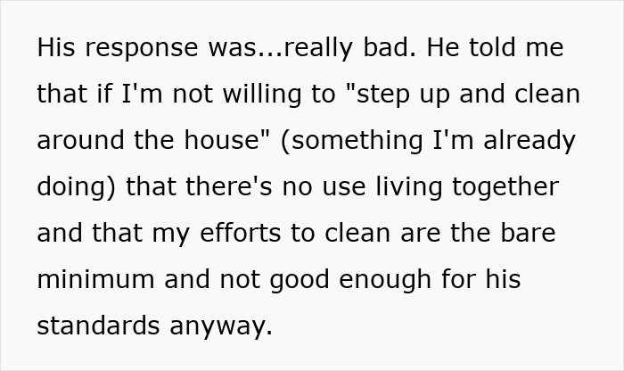 Text image discussing arguments over cleaning efforts and relationship standards. Text image discussing arguments over cleaning efforts and relationship standards.