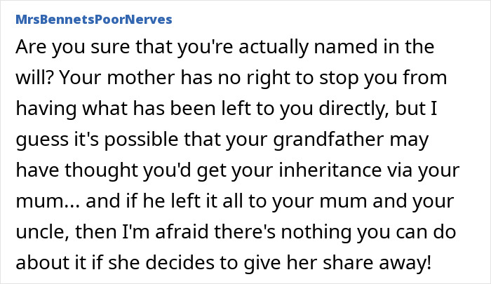 Text exchange about inheritance concerns related to a will, involving a mother and potential moral implications. Text exchange about inheritance concerns related to a will, involving a mother and potential moral implications.