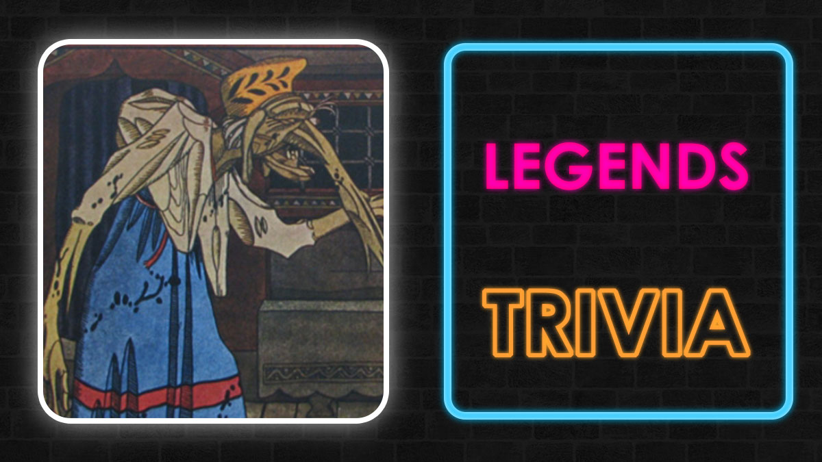 Ancient mythological figure pouring from a box, next to neon legends trivia sign on a dark brick wall background.
