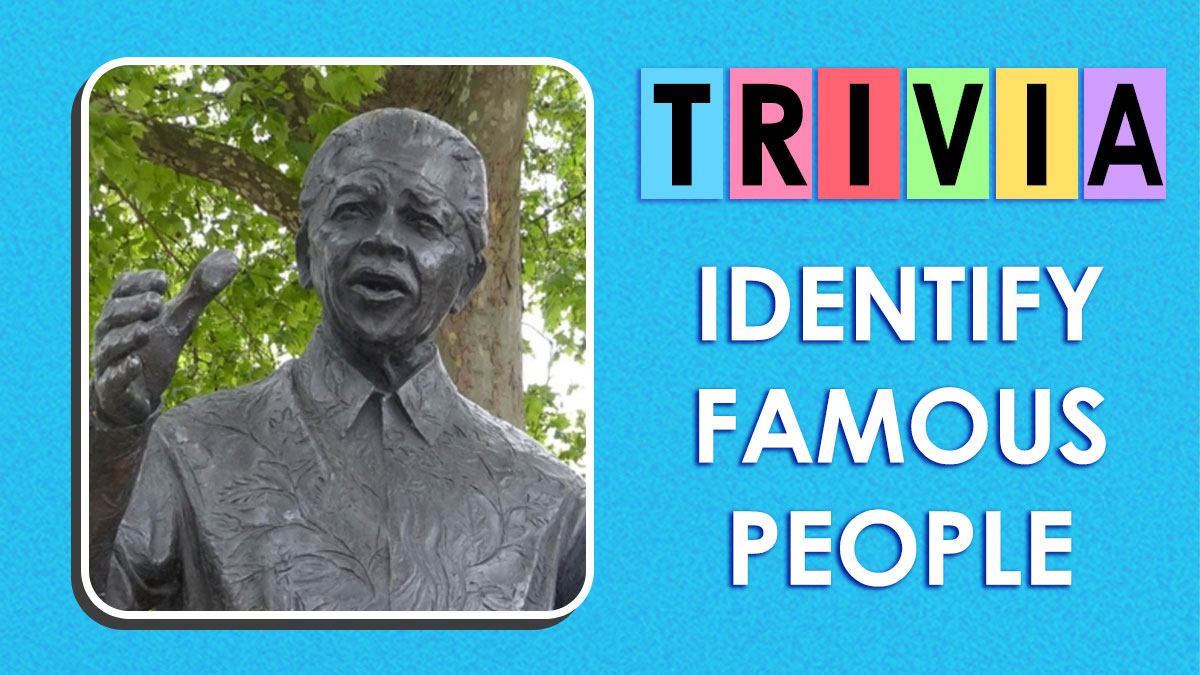 Trivia quiz graphic with a bronze statue of an important person and a prompt to identify famous people.