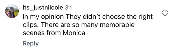 Comment criticizes clip selection for Courteney Cox's character Monica, questioning choice in Ellen DeGeneres repost. Comment criticizes clip selection for Courteney Cox's character Monica, questioning choice in Ellen DeGeneres repost.