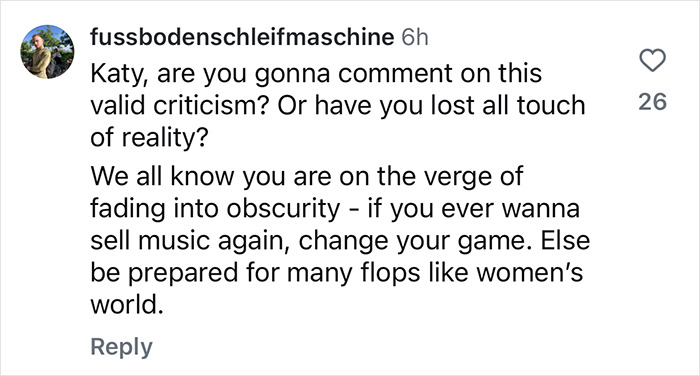 Comment from Instagram user criticizing Katy Perry over a $175 doll release post-space flight. Comment from Instagram user criticizing Katy Perry over a $175 doll release post-space flight.