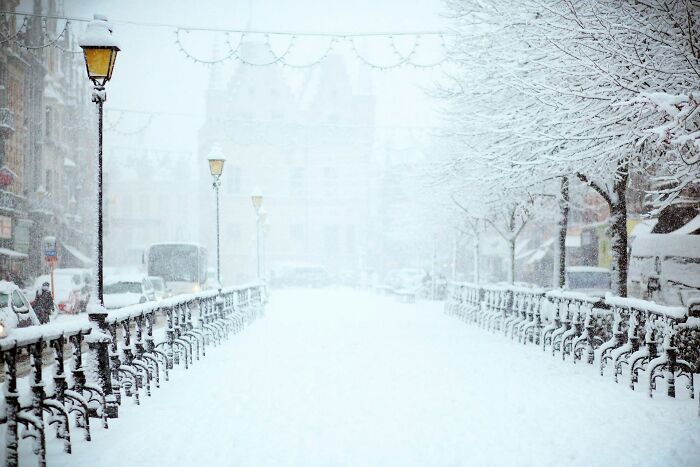 Snow-covered street with lamps and trees, creating a winter scene reminiscent of April Fools' Day surprises.
