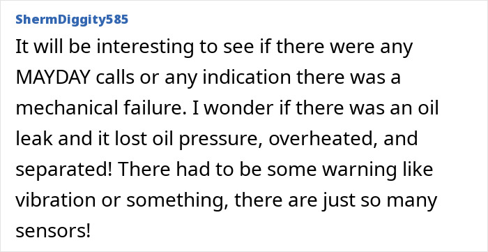 Text discussing potential causes of helicopter crash, mentioning mayday calls and mechanical failure. Text discussing potential causes of helicopter crash, mentioning mayday calls and mechanical failure.