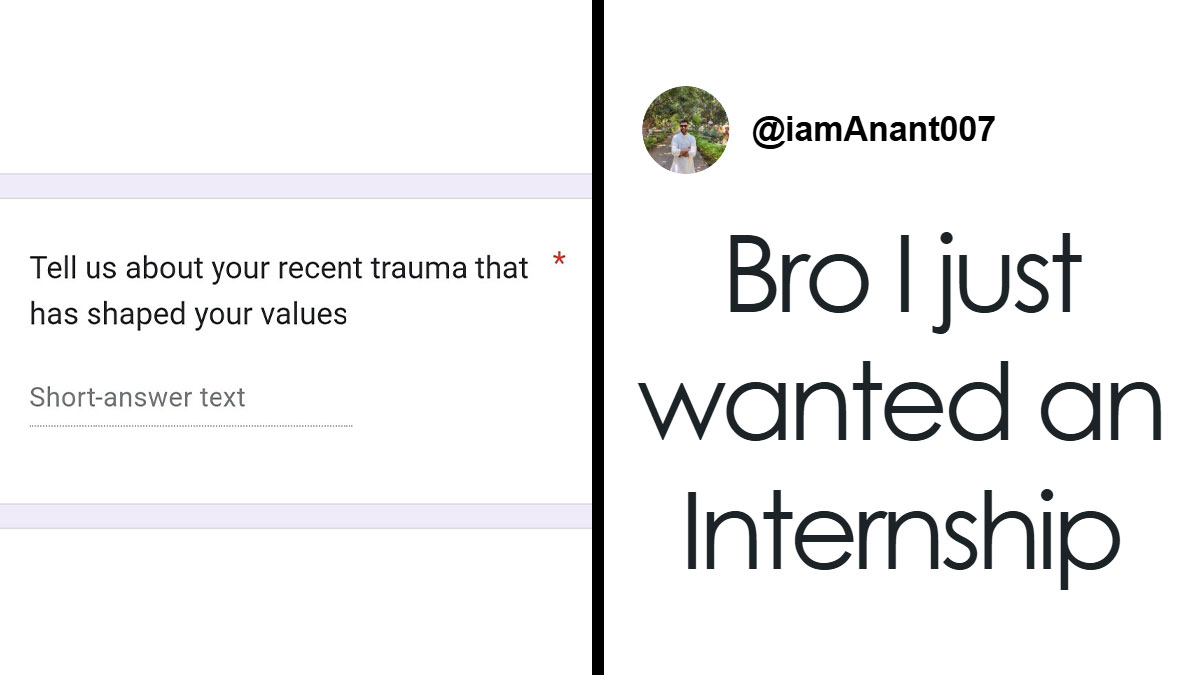 Tweet text with humor about internships shown alongside a short-answer prompt on recent trauma, highlighting funniest tweets of the month.