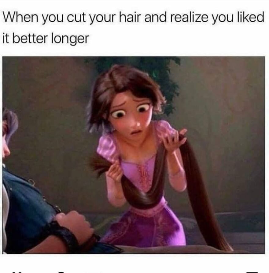 Animated girl looking at her freshly cut hair with regret, relatable meme theme.