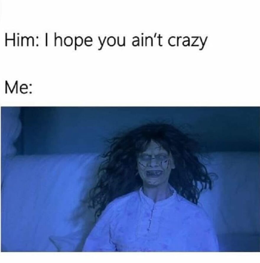 Funny meme with wild-haired girl in bed, sarcastically tackling relationship expectations.