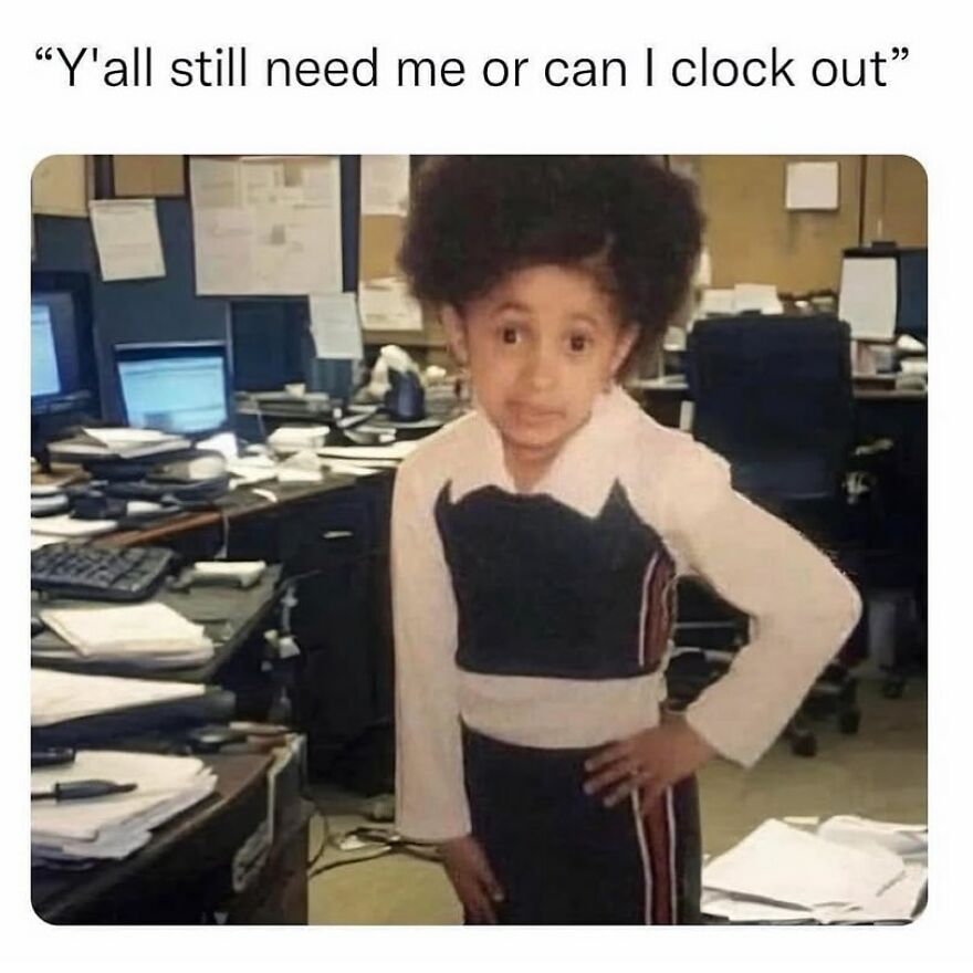 A child in office attire poses humorously, echoing workplace memes.